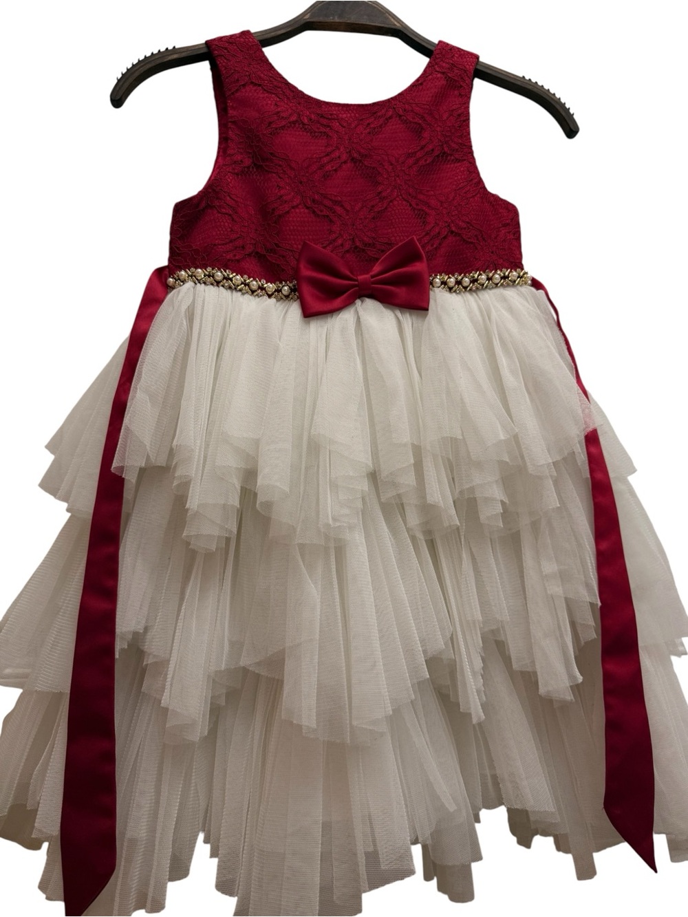 Princess Collection Girls Red & Ivory Tulle Party Dress 6X/7 Elegant Bow Formal